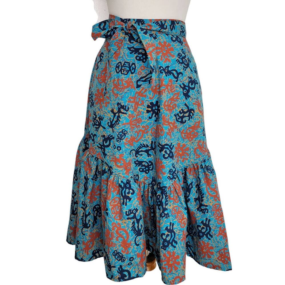 Vintage Women Wrap Prairie Skirt Wrap Blue Native American Symbols Small